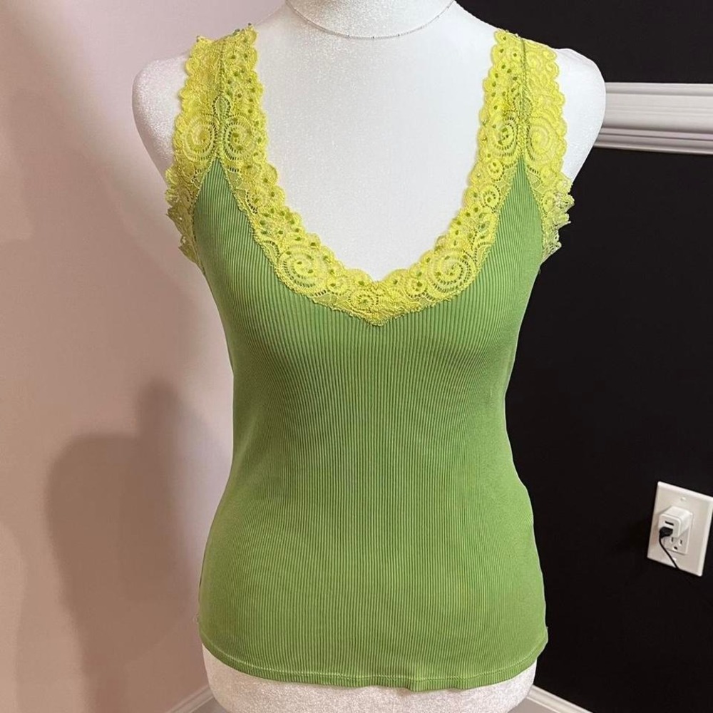y2k green and yellow‎ lace trim sparkle beaded tank small